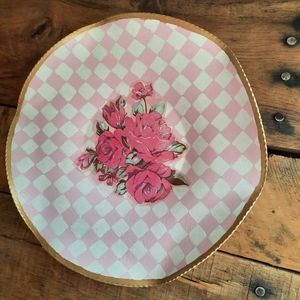 Upcycled vtg metal dish 9" hand painted pink checks roses girly decor